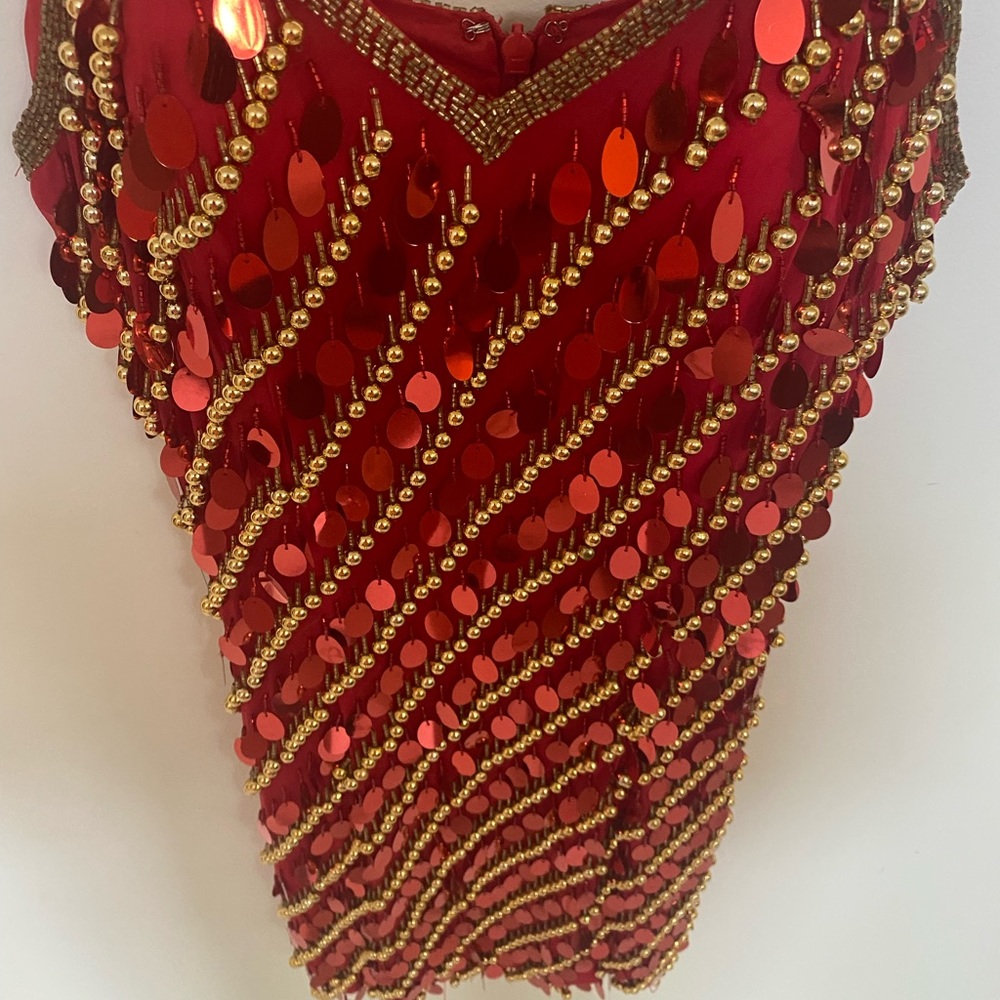Red and Gold designer sequin cocktail dress or prom dress